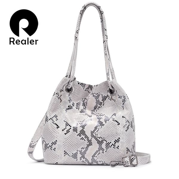 

realer women genuine leather handbag large capacity tote bag female colorful serpentine prints ladies shoulder bags with tassel
