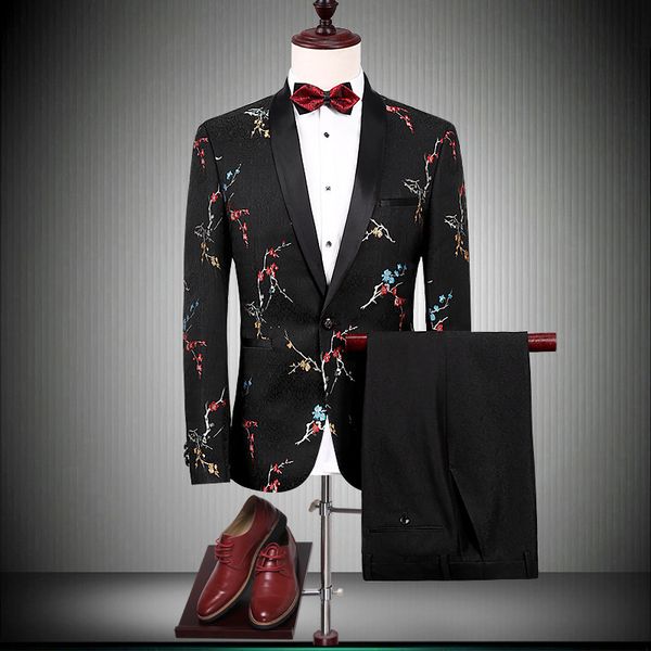 

men's printed embroidered suit 2-piece set slim men's clothing dress chinese-style plum blossom embroidered suit leisure set, White;black