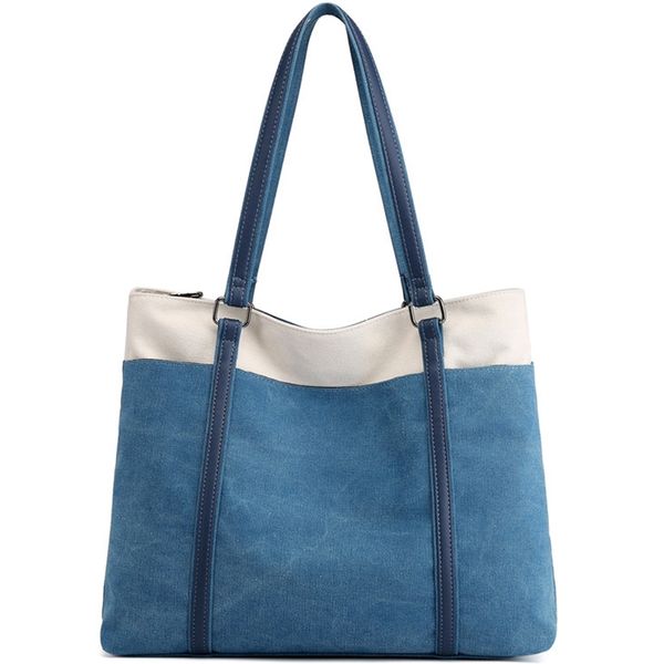 

women's canvas stitching contrast large capacity shoulder tote