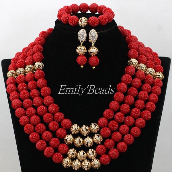 

2016 new fashion nigerian wedding african beads jewelry set artificial red coral beads bridal jewelry set cj539, Slivery;golden