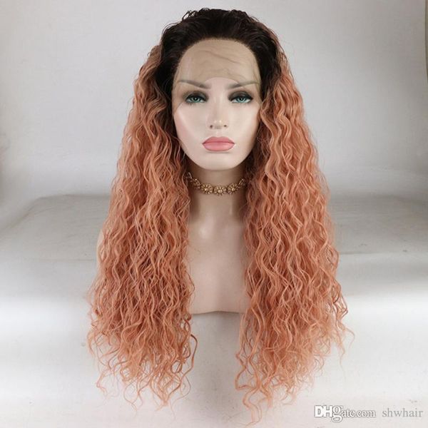 Long Curly Lace Front Wig Synthetic 2 Tones Ombre Color Glueless