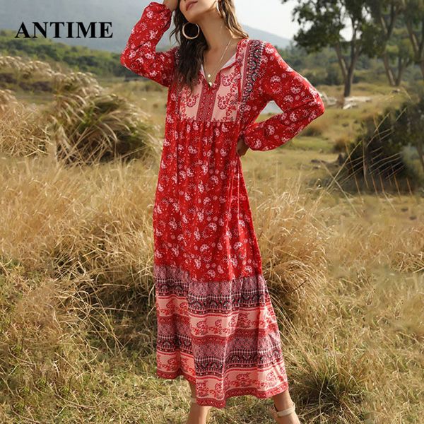 

antime vintage maxi dress loose beach long sleeve autumn a-line high waist party patchwork women spring boho print dresses, Black;gray