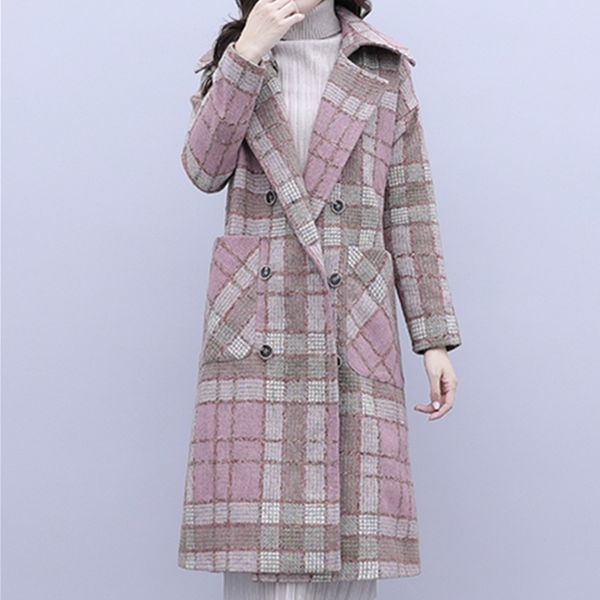 

plaid woolen jacket women 2019 autumn winter fashion suit collar elegant long outerwear female thick plus size warm wool coats, Black
