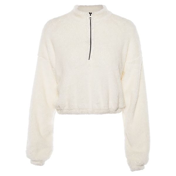 

2019 fashion fleece pullovers autumn faux lambswool crop long sleeve zipper sweatshirts rk, Black