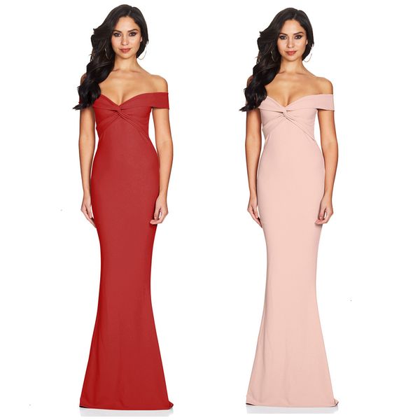 

wear women's fish tail skirt full overlapping even sleeve one shoulder length dress, Red;white