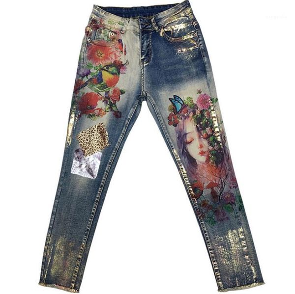 

painted denim jeans womens mid waist stretchy capris pants womens fashion skinny pencil trousers 3d floral, Blue