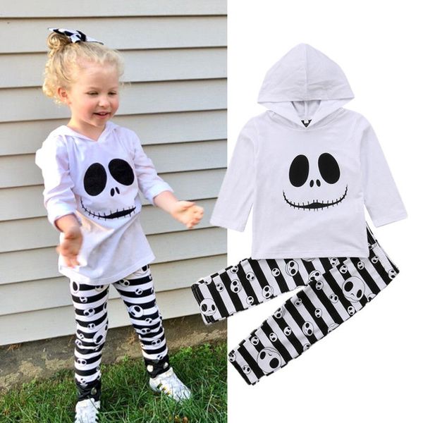 

halloween pretty causal toddler baby girls clothes sets 2pcs long sleeve hooded cartoon print white sweatshirt +pants