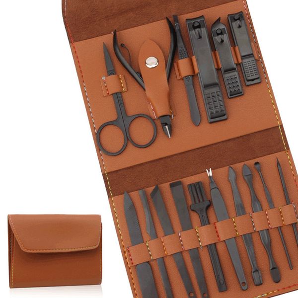 

16pcs/set stainless steel nail clippers multi-function tweezer acne needle eyebrown scissors beauty care set kit 3 color pu bag