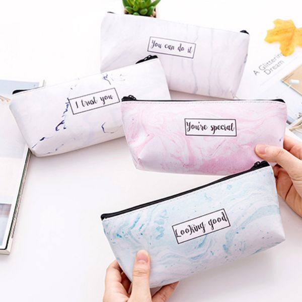 

students marble print school pen box pencil bag gift kawaii pencil cases zipper pu stationery storage pouch waterproof