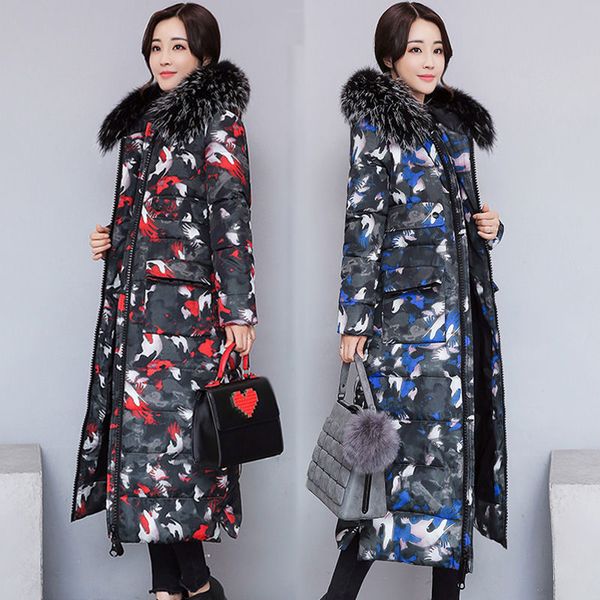 

wakeey women winter coat jacket parka fur collar outwear abrigos mujer invierno x-long hooded plus size floral cotton camouflage, Black
