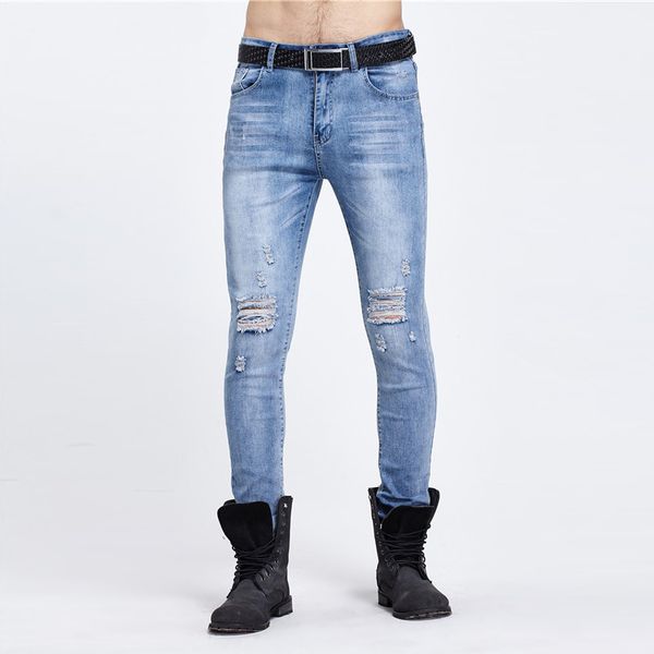 

2019 fashion casual youth micro elastic man jeans hole cutting knee damage hip hop streetwear distressed men's feet pants, Blue