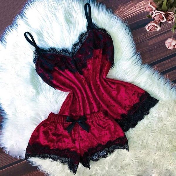 

2020 women's pijama sleepwear lingerie satin pajama set black lace v-neck pyjamas sleeveless cute cami and short pyjama, Black;red