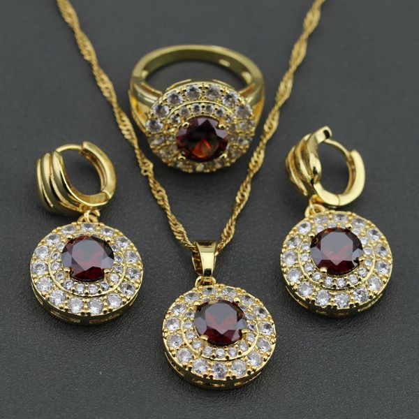 

charming round red garnet austria crystal gp jewelry set earrings necklace pendant ring size 6 7 8 9 10 gift box kt40, Slivery;golden