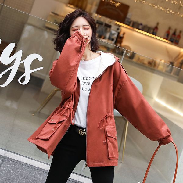 

2019 new style women spring fall hooded pocket zipper trench coat long sleeve solid windbreaker loose female trench, Tan;black