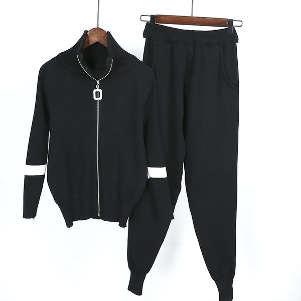

zipper women jacket coats pencil pant suits full length knitted long sleeve knitted casual sweaters trousers 2pcs sets for woman, White