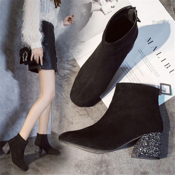 

enplei pumps women mid-calf boots flock zip vintage winter boots fashion med square toe fringe square heel shoes size 35-39, Black