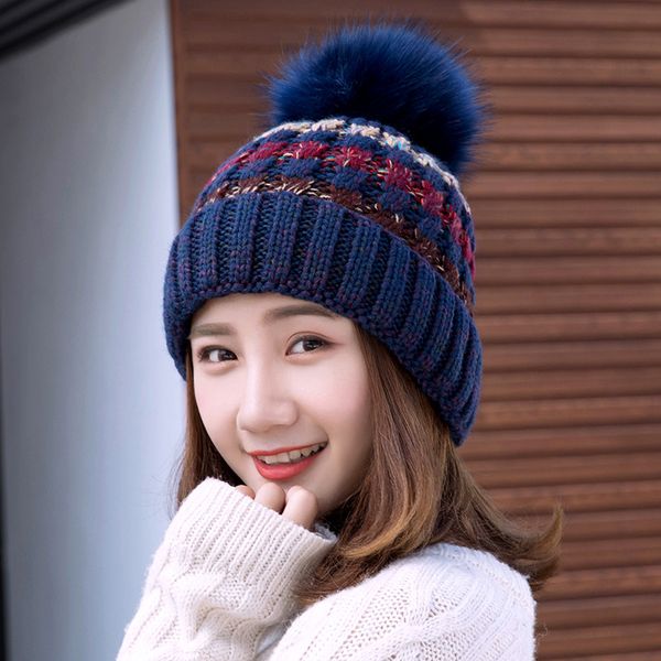 

1pcs women's knitting hats caps 2018 winter knit splicing keep warm wind proof bomber hats ladies weave lovely ear guard, Blue;gray