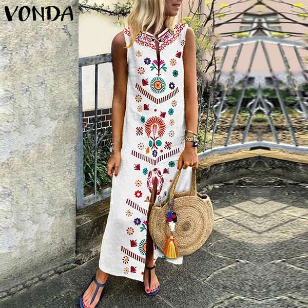 

summer beach sundress women floral printed dress vonda 2020 sleeveless split hem party dresses long kaftan vestidos plus size, Black;gray