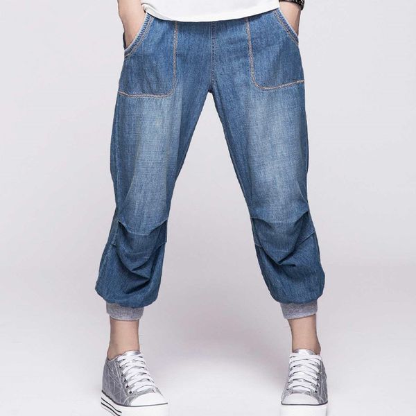 

2018 plus size denim jeans mujer mid waist harem pants summer femme light washed loose cotton calf-length trousers 4xl 5xl 6xl, Blue