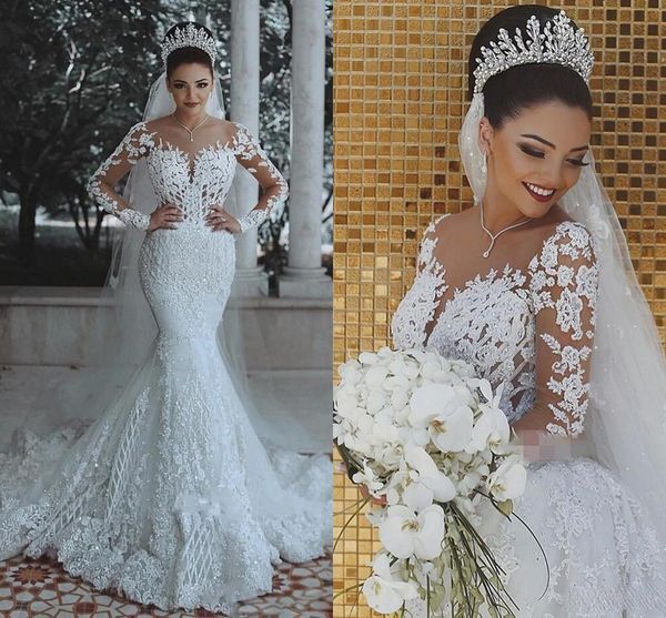 Acheter Femmes Africaines Sirène Robes De Mariée De Luxe 2019 Illusion à Manches Longues Dentelle Nigérian Perlé Paillettes Cristal Décolleté Robes De