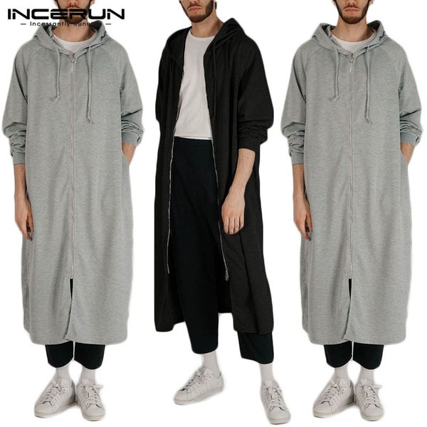 

incerun fashion men hoodies hooded hip-hop long sleeve casual solid cloak zippers outerwear men long sweatshirts 2019 streetwear, Black