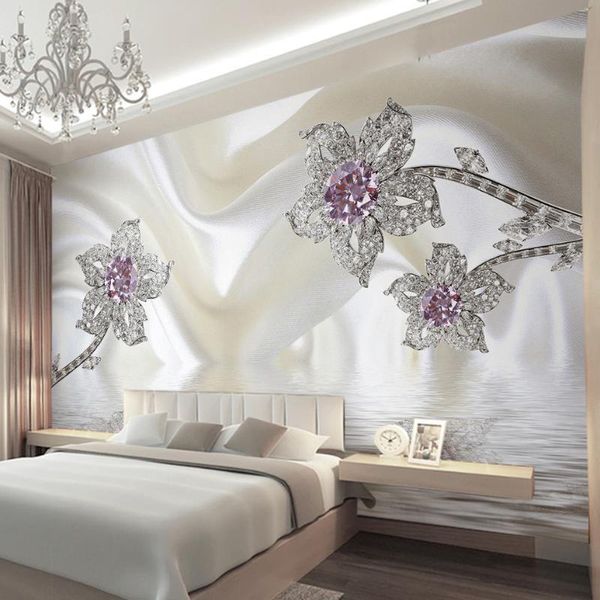

пользовательские 3d стереоскопический ювелирных изделий с бриллиантами белый шелковые линии искусства настенной росписи обои гостиной тв фон
