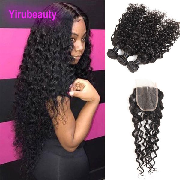 

brazilian 100% unprocessed human hair water wave 3 bundles with 4x4 lace closure water wave virgin hair extensions wefts with closures, Black;brown