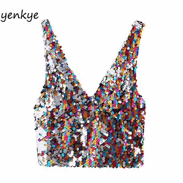 

women multicolor sequin crop fashion lady backless v neck tank bbwm9851, White