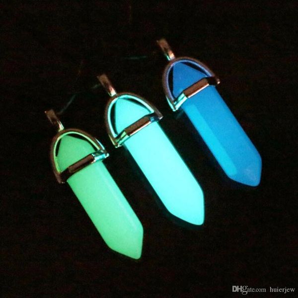

fluorescent necklace luminous hexagonal column necklace natural crystal stone pendant leather necklaces, Silver