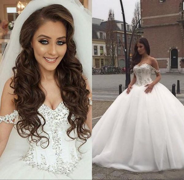 2020 Princess Off The Shoulder Wedding Dresses Luxury Ball Gown Puffy Tulle Bridal Gown Crystals Plus Size Bride Dress Gown Dresses Short Formal