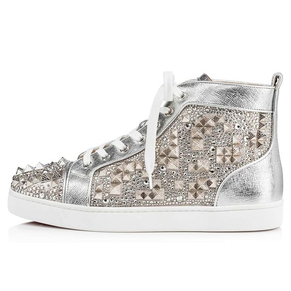 

luxury couple spiked red bottom shoes trainers high sneaker men's strass rhinestones black leather with sliver pyramid rivets studded