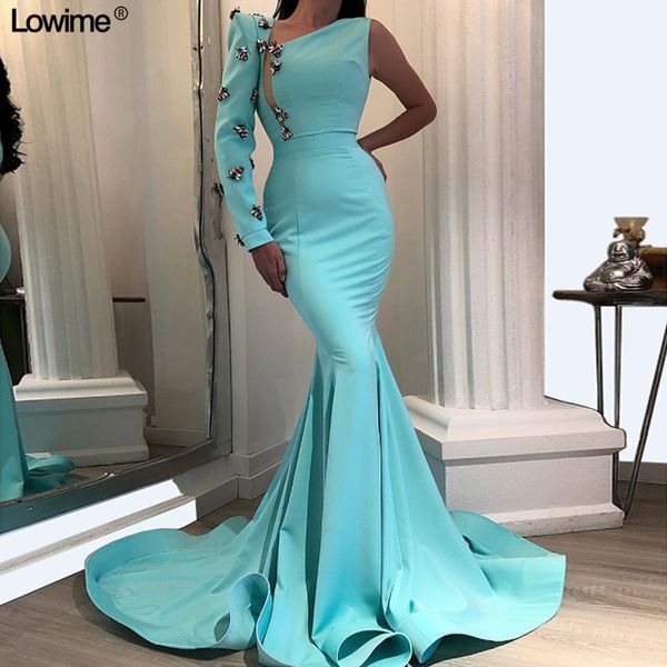 

mint green long sleeves mermaid prom dresses arabic one shoulder evening dress plus size formal party satin dress, Black