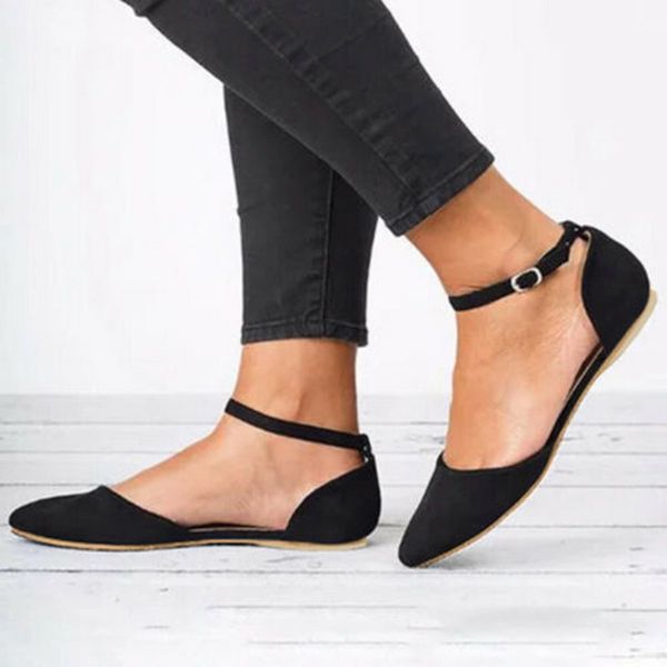 

flat shoes pointed toe casual ankle strap buckle comfortable ballet plus size shoes women shallow flat leather, Black