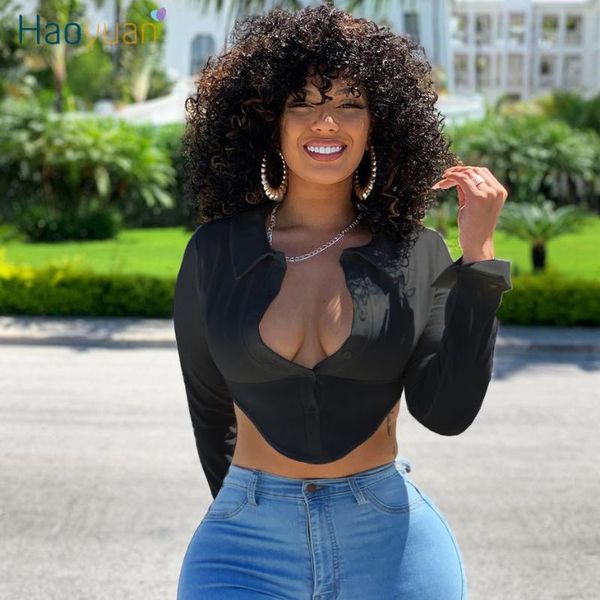

women's blouses & shirts haoyuan womens and spring 2021 fashion clothing plus sizes camisa open back long sleeve crop top, White