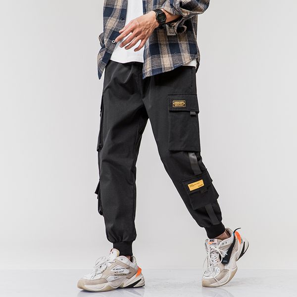 

men's casual pants 2020 new spring comfortable solid color men trousers polyester comfortable multi-pocket cargo pants men a1046, Black