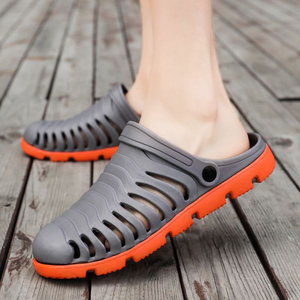

2019 summer slippers male slippers men hollow out half breathable beach casual slip-on flats sandals men shoes size 45, Blue;gray