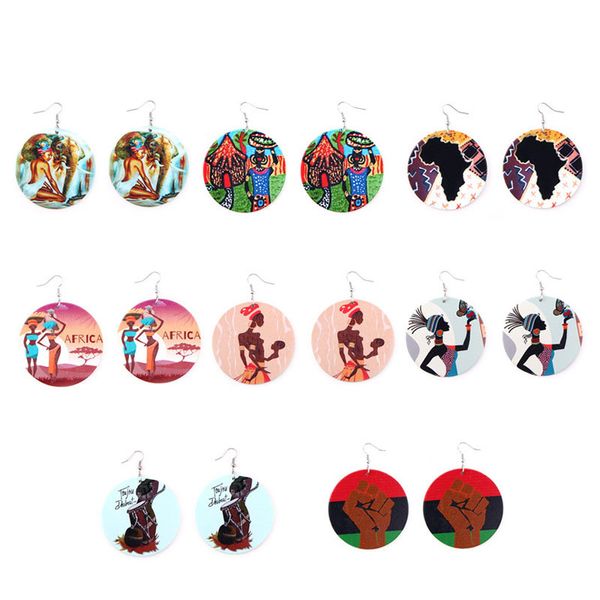 

new wooden round pendant earrings printing african portrait colorful wood charm eardrop ear hook women lady fashion jewelry accessory 8style, Silver