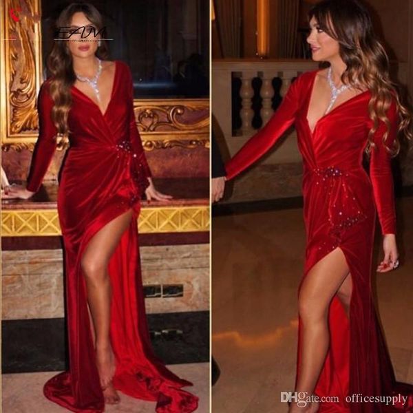 

2019 Sexy Jennifer Lopez Celebrity Dresses Mermaid Red Deep V-Neck Long Sleeves Velvet Arabic Evening Party Dresses Formal Gowns