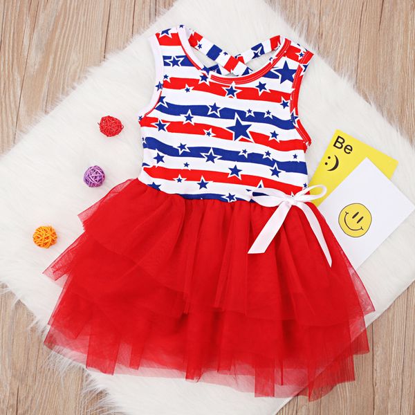 

2019 baby designer 1-5 лет сша флаг печати новорожденных девочек в полоску платье с принтом без рукавов принцесса ну вечеринку детские плать, Red;yellow