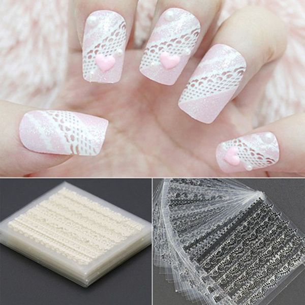 

2018 3d 30 sheets lace decal nail art sticker diy strip wave pink white flower nail art stickers wraps manicure hot, Black