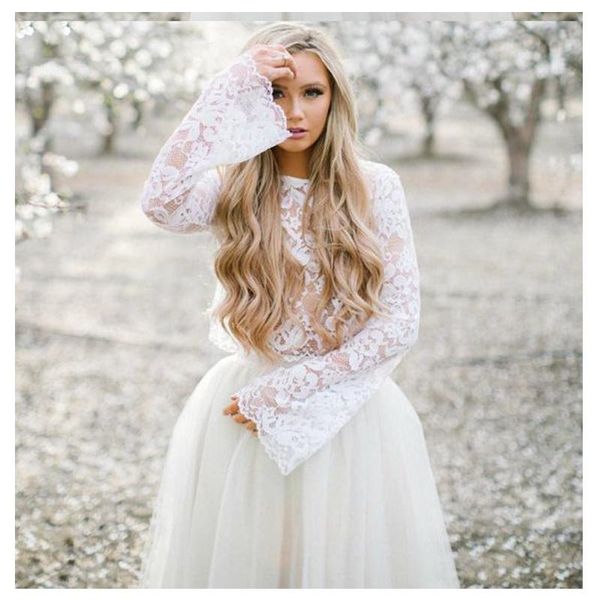 

two pieces short wedding dresses tutu long sleeve illusion lace tulle skirt tea length bridal gowns vestido de noiva customize plus size, White