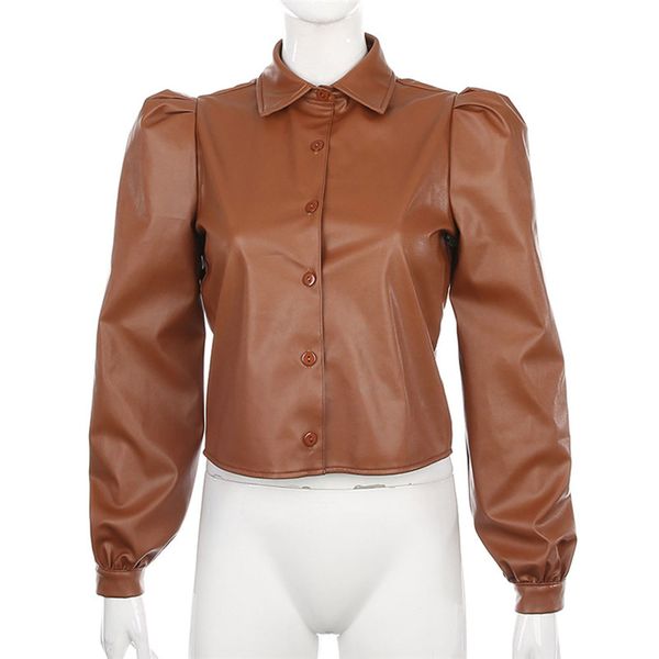 

women clothes long lantern sleeve faux leather casual blouse turn-down collar solid button shirts one pieces, White