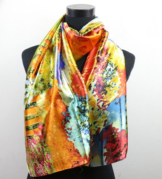 

2020 new women designer scarfs silk fashion oil painting long wrap shawl beach silk scarf size 160x50cm ing, Blue;gray