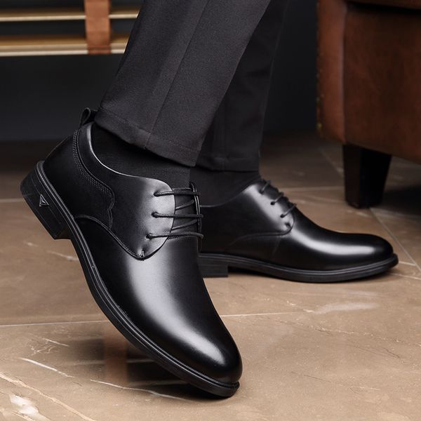 

autumn new cowhide set of feet business leather shoes wear-resistant breathable tie-in head leather formal men's shoes, Black