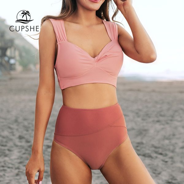 

cupshe sweet pink and red high waisted bikini sets tank swimsuit two pieces swimwear women 2020 beach bathing suit, White;black