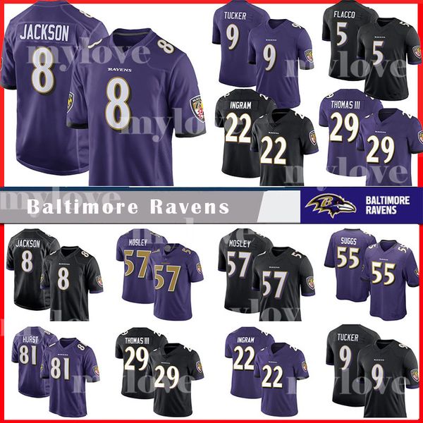 

8 lamar jackson raven 9 justin tucker 29 earl thomas 22 mark ingram 5 joe flacco 57 mosley 81 hurst jerseys, Black;red