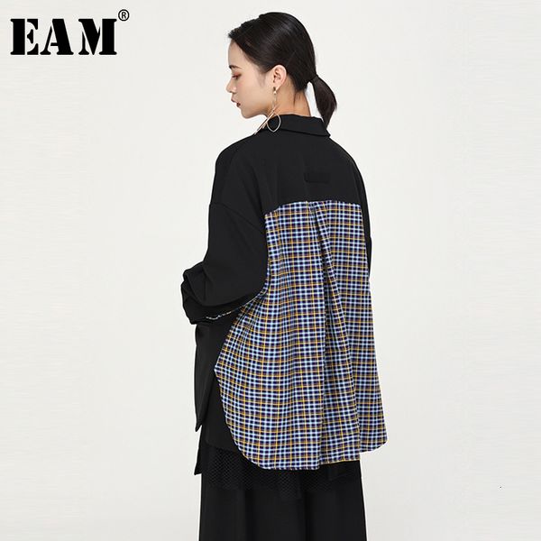 

eam] loose fit blue back plaid stitch big size jacket new lapel long sleeve women coat fashion tide autumn winter 2019 1b687, Black;brown