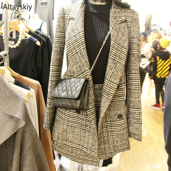 

blazers women retro plaid trendy slim elegant female korean style notched leisure womens double breasted soft outwear blazer new, White;black