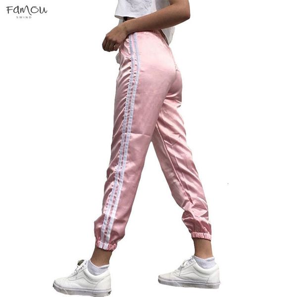 

Spring Summer Women Satin Leisure Comfy Casual Multicolor White Striped Side Closed Pants Sweatpants Midweight Female Drop Shipping