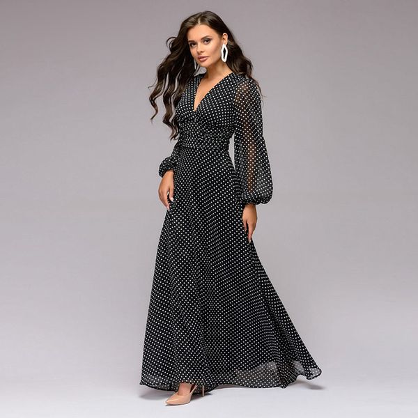 

women designer dresses women designer clothes bohemian dot printed spring deep long sleeve chiffon long dress vestidos de, Black;gray
